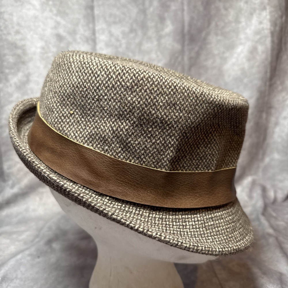Paulo Solari Men's "Tweed"Hat Fedora Size M/L Tan Brown Wool Blend Leather trim